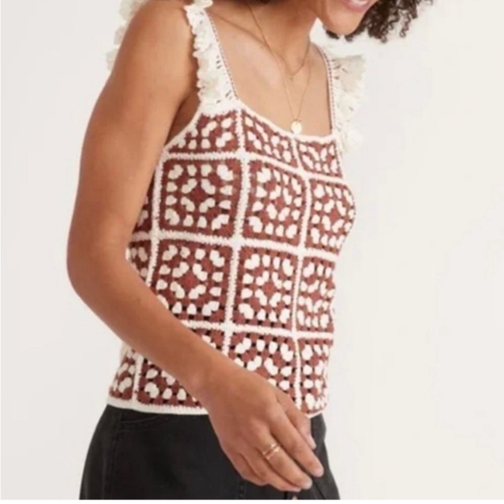 NWT Marine Layer Brown Cream Archive Cora Ruffle Crochet Tank Top